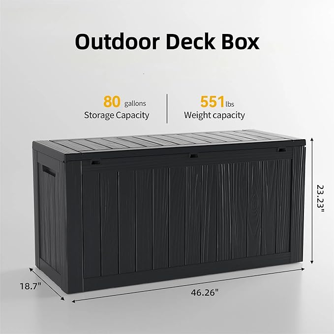 80 Gallon Deck Box, Outside Storage Box Waterproof for Outdoor Cushion Storage, Garden Tools, Resin Outdoor Storage Box, Black