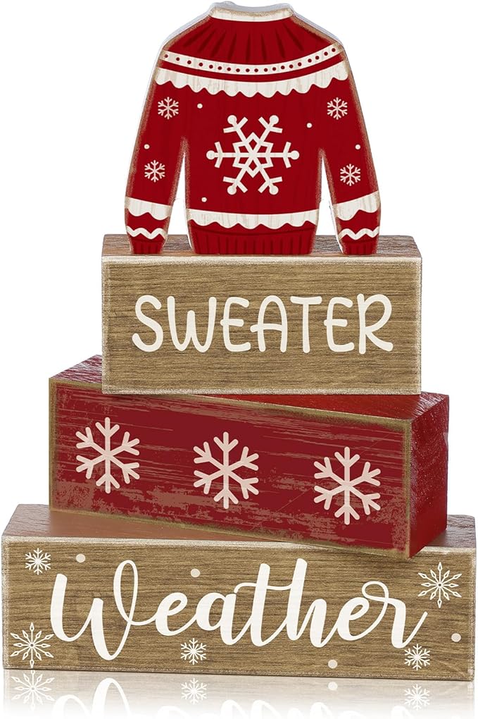 4 Pcs Christmas Table Decor Wooden Sweater Decoration Christmas Table Centerpiece Winter Tiered Tray Decor Decorative Sweater Block Signs Gift Farmhouse Xmas Decoration for Home Kitchen