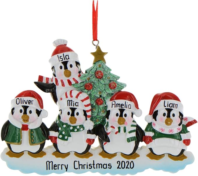 3D Penguin Family of 5 Ornament 2025 Personalized Family Christmas Ornaments 2025 | Snowy Xmas Tree Holiday Penguins Personalized Tree Ornaments for Grandchildren Siblings & Grandkids of Five Ornament