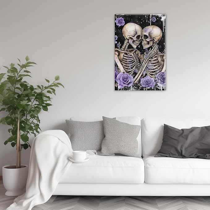 Skull Canvas Wall Art Couple Skeleton Holding Each Other Picture Art Poster Abstract Lover Painting Modern Artwork Horrible Halloween Decor(Artwork-2,16"x24")