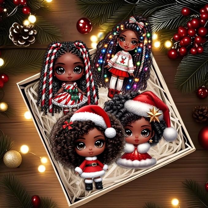 16pcs African American Black Chibi Girl Ornaments - Xmas/Christmas Wooden Decor, Gift Boxed for New Year/Carnival | Home/Window/Tree/Office/Classroom/Wine Bottle Party Deco, Black Heritage Pendants