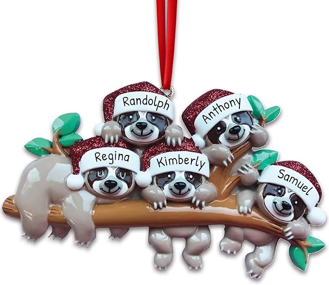 3D Sloth Family of 5 Christmas Ornament 2025 Personalized Family Christmas Ornaments 2025 | Holiday Hangout Sloths Personalized Tree Ornaments Customizable Gifts Tree Hanging Sloth of Five Ornament