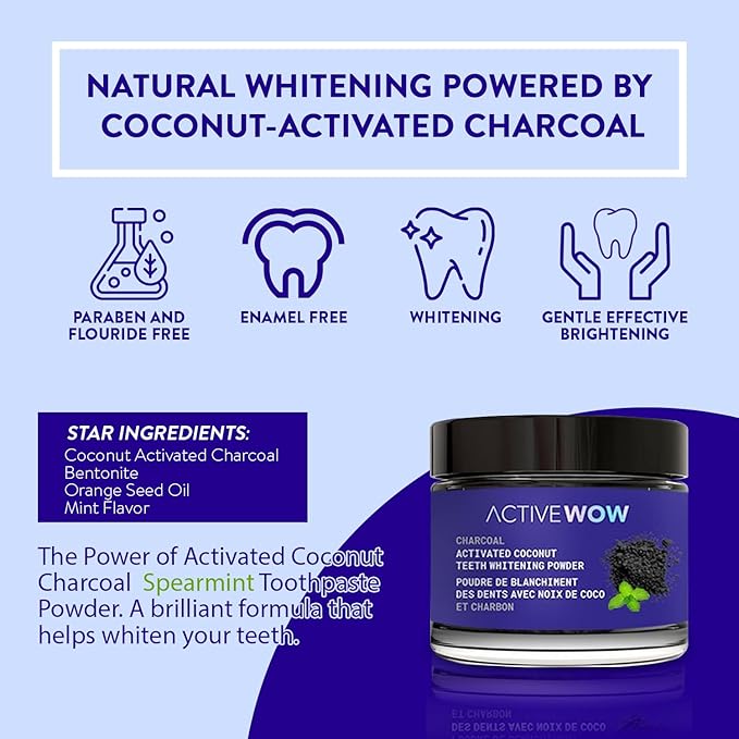 Active Wow Activated Coconut Charcoal Powder - Natural Whitening, Fluoride Free, Sulfate & Paraben Free, Spearmint Toothpaste Powder, 20g