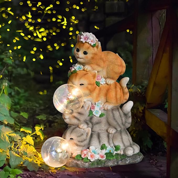 Solar Cat Garden Statue Resin Cat Statue Decor Outdoor with LED Lights for Outside Yard Art Lawn Ornaments Patio, Cat Lovers Gifts
