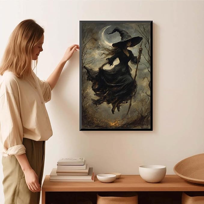 JFHCQJPK Witch in the Forest Halloween Print Wall Art Poster Witch Decor Vintage Print Dark College Wall Art Victorian Gothic Room Decor Canvas Wall Print16x24in Metal blackFramed