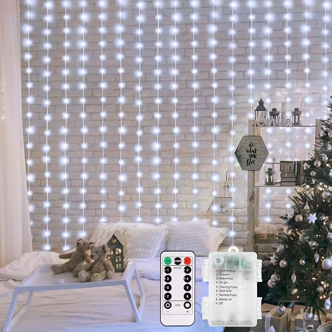 echosari Curtain Lights Battery Operated, 200 LED Curtain Fairy Lights 6.6×6.6ft with Remote Timer Outdoor Wall Light Fully Waterproof for Wedding Backdrops Bedroom Decor (Cool White)