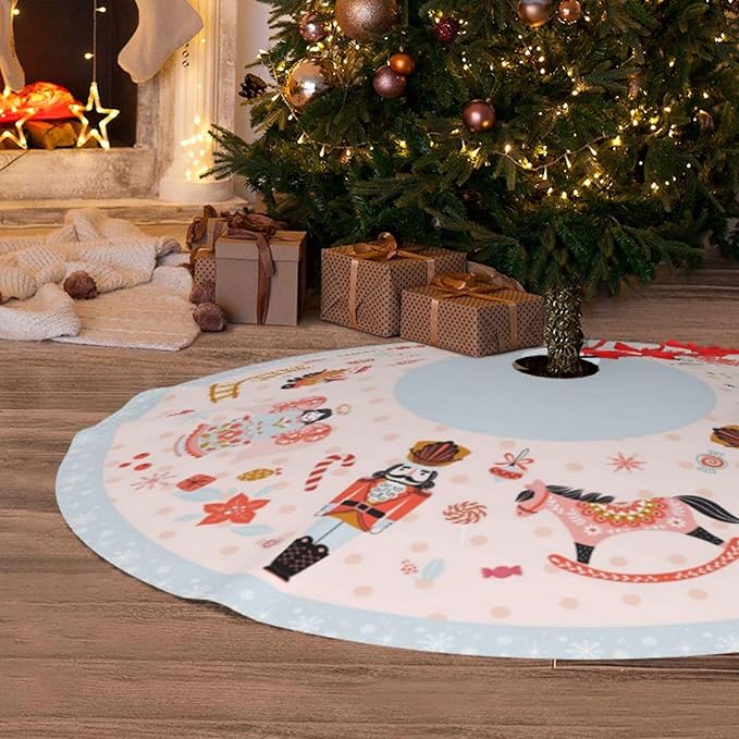 48" Large Christmas Tree Skirt, Nutcracker Candy Pattern Tree Mat Base Cover for Xmas Festive Holiday Party Decoration Ornaments