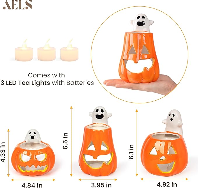 AELS Halloween Pumpkin Tealight Holders – Set of 3 Ceramic Jack O' Lantern Candle Holders with Ghosts, Spooky Sculptures Ghost Figurines, Indoor Tabletop Decorations for Holiday Party Home