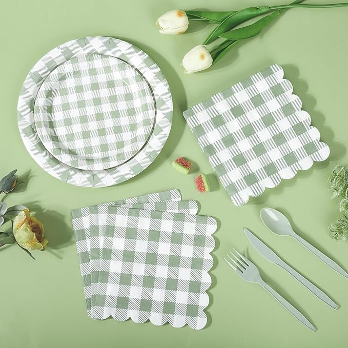 200Pcs Sage Green Gingham Party Supplies Gingham Paper Plates and Napkins Cups Sage Plaid Plates Disposable Green and White Plaid Party Decor for Birthday Family Picnic BBQ,Serves 50 Guests