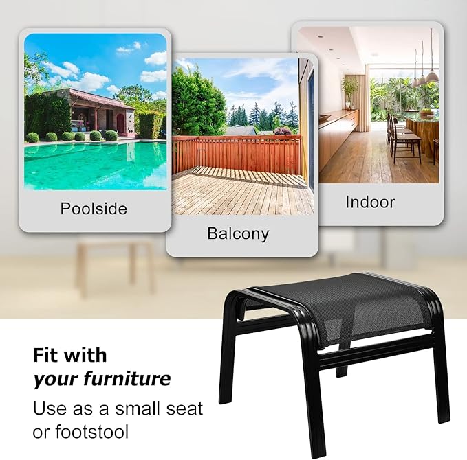 Patio Footstools Outdoor Foot Rest Aluminum Patio Ottomans Portable Seat Wicker Furniture Stackable Ottoman 2 Pieces Black