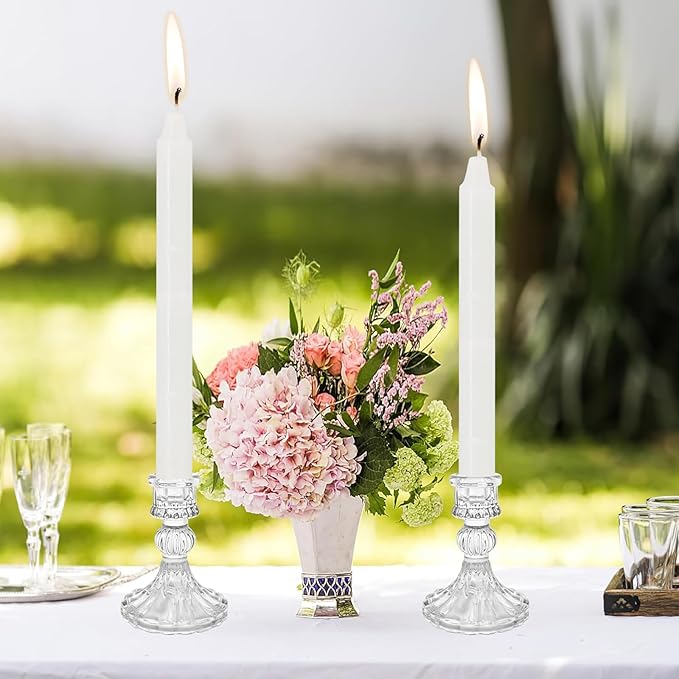 12 Pack Glass Candlestick Holders- Clear Taper Stripe Candle Holders for Candlesticks, 4" H Taper Candle Holders Small Centerpiece for Wedding, Festival, Party & Windowsill Decor