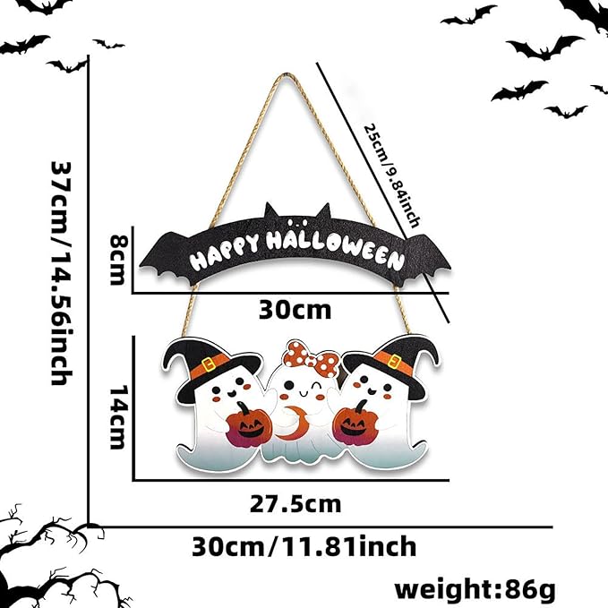 Happy Halloween Wooden Decoration Hanging Plaque Outdoor Wall 2 Pieces Cute Art Sign Wreaths with Ghost Bat Pattern for Home Wall Decor Halloween Party Outdoor Indoor