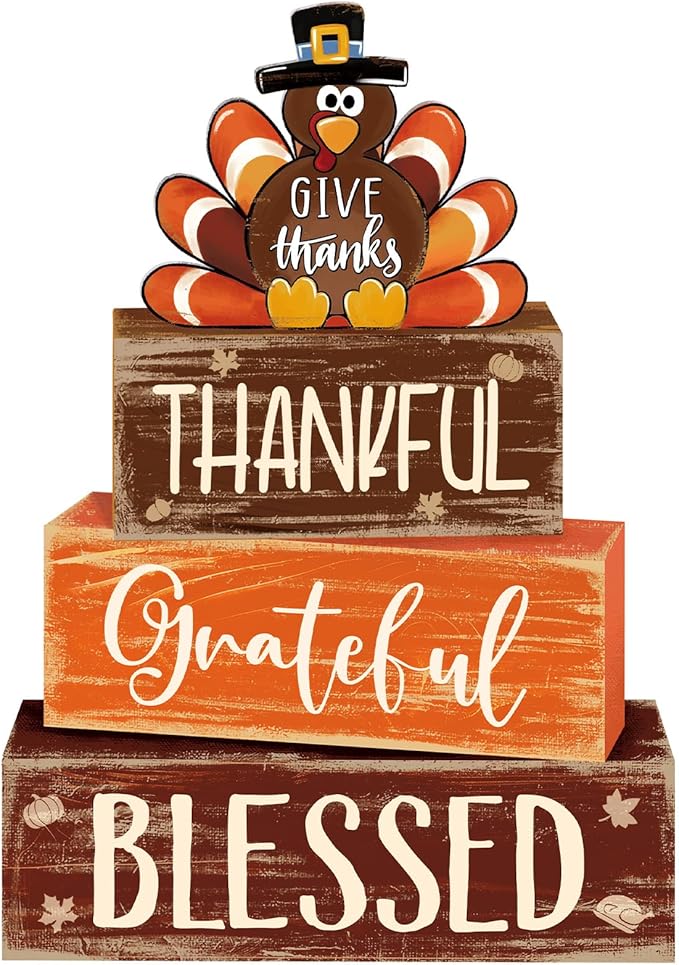 4 Pcs Fall Thanksgiving Decor for Home Funny Turkey Wooden Signs with Hat Thanksgiving Fall Tiered Tray Decor Turkey Tabletop Centerpiece Thankful Block Signs for Office Kitchen Shelf