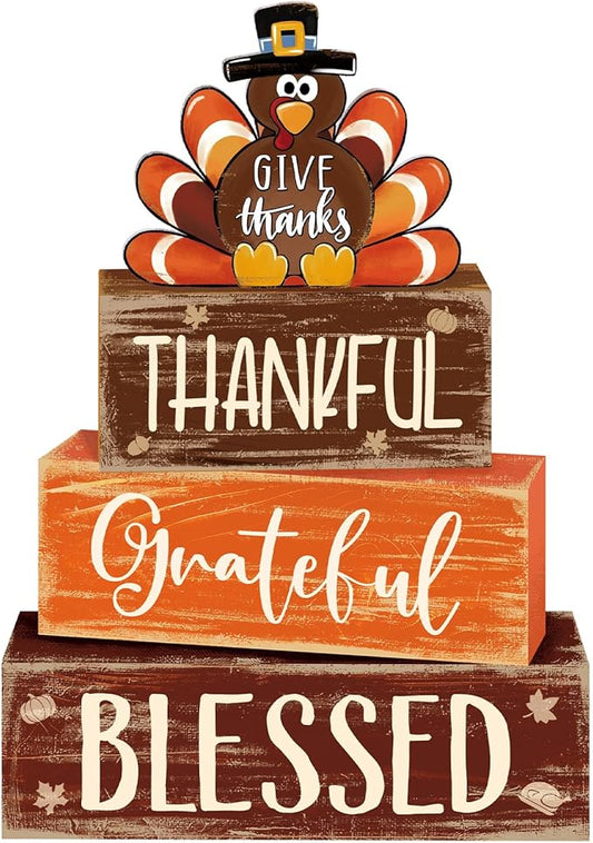 4 Pcs Fall Thanksgiving Decor for Home Funny Turkey Wooden Signs with Hat Thanksgiving Fall Tiered Tray Decor Turkey Tabletop Centerpiece Thankful Block Signs for Office Kitchen Shelf