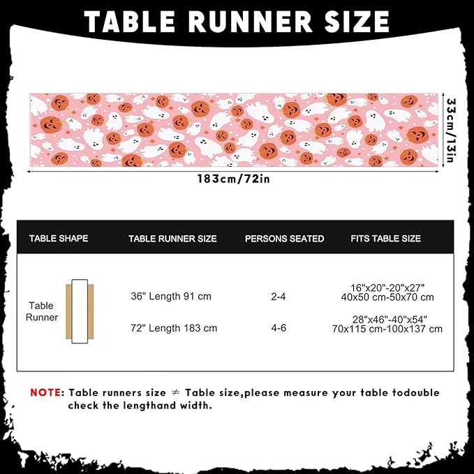 Halloween Table Runner Cute Spooky Ghost Pumpkin Table Linen Runner Pink Kitchen Dining Decoration Holiday Halloween Table Decoration for Holiday Indoor Outdoor Home Party Decor 13x72 Inch