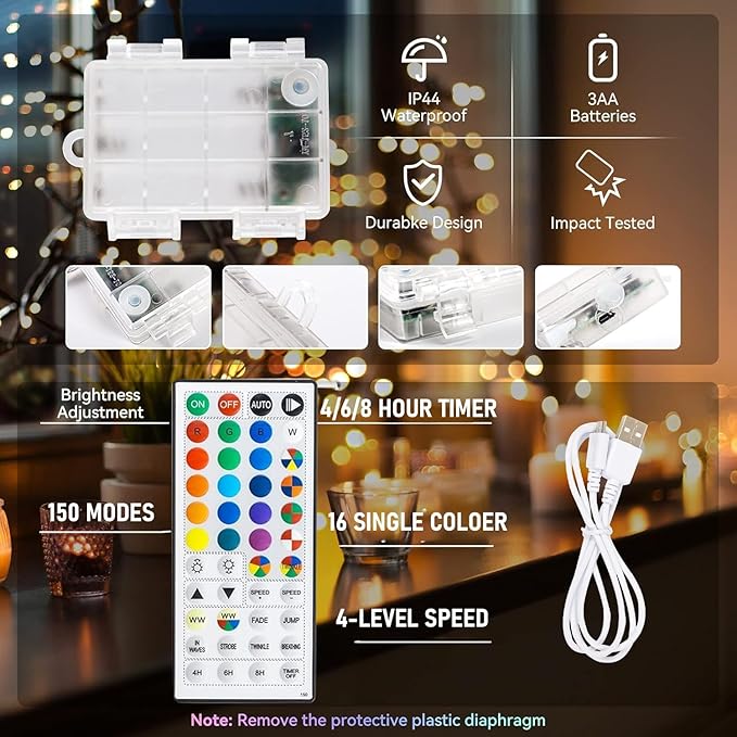 Dazzle Bright Color Changing Fairy Lights Battery Operated, 2 Pack Total 40FT 120LED Silver Copper Wire RGB String Lights with Remote, Waterproof Christmas Decorations for Indoor Outdoor Party Decor