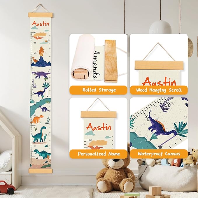 Personalized Name Growth Chart Wall Decor for Kids – Canvas Removable Height Chart Measuring Ruler 59" x 7.9" (Dinosaurs)