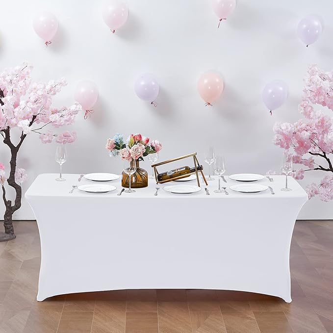 CWK 8FT Waterproof Stretch Spandex Table Cover for Rectangular Tables - Elastic Fitted Tablecloth for Folding Tables,Wrinkle Resistant Table Cloth for Parties, Weddings, Banquets & Events (White)