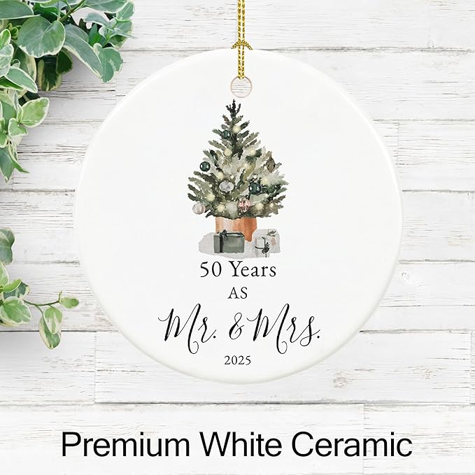 50th Anniversary Ornament Gifts for Parents,Couple, 50th Wedding Anniversary for 50 Year as Mr and Mrs Gifts, Ceramic Keepsake 50th Anniversary Christmas Ornaments with Ribbon and Box