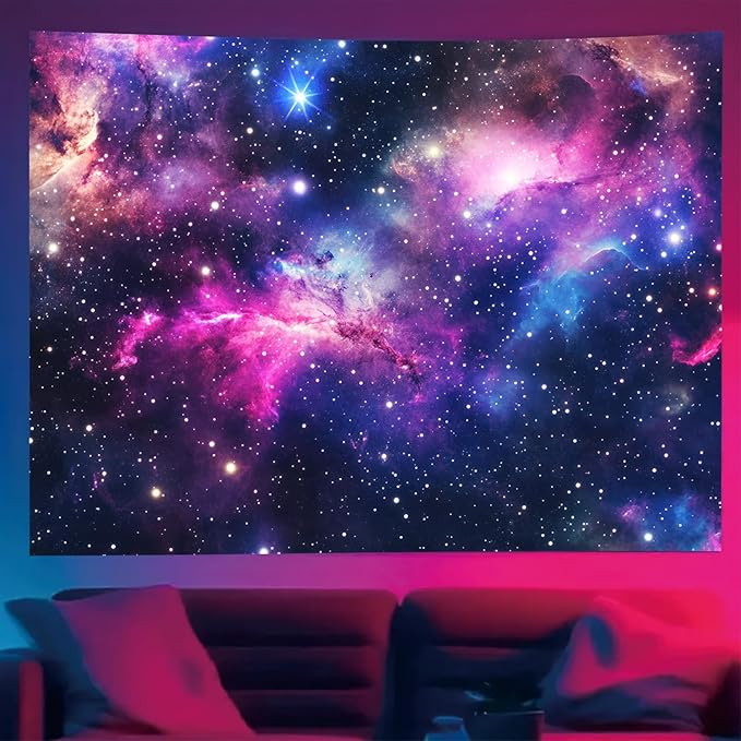 Starlit Patio Galaxy Nebula Blacklight Tapestry UV Reactive Wall Hanging Stars and Cosmic Clouds for Bedroom Dorm Living Room Glowing Universe Decor Fluorescent Trippy Poster 78 x 59 Inch