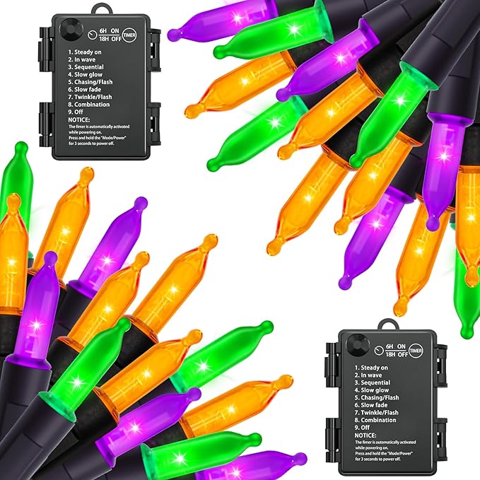 Halloween Orange Purple & Green Lights Decorations, 2 Pack 17FT 100LED Mini String Lights Battery Operated -Waterproof for Indoor Outdoor Patio Tree Holiday Fall Halloween Decor