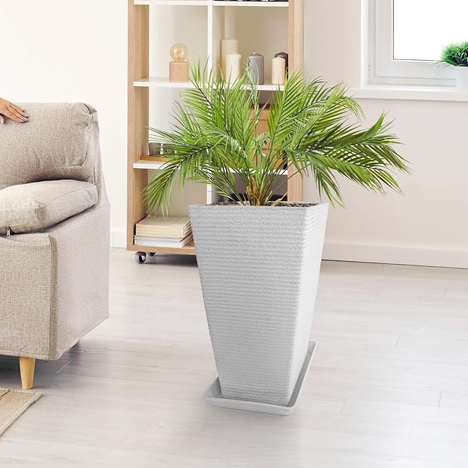 Tall Planters Set Of 2 for Outdoor Indoor Plants,21.3in Large Tapered Plant Pots with Drainage Trays Holes,White Resin Extra-Thick Flower Pots for Outdoor Patio Front Porch Backyard Decor