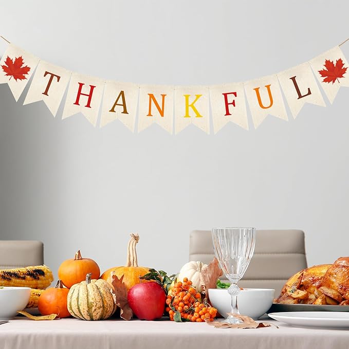 Doumeny Thankful Burlap Banner Fall Thanksgiving Banner Garland Autumn Maple Leaves Bunting Garland Thanksgiving Party Hanging Flag Harvest Bunting Flag for Home Wall Mantel Fireplace Farmhouse Decor