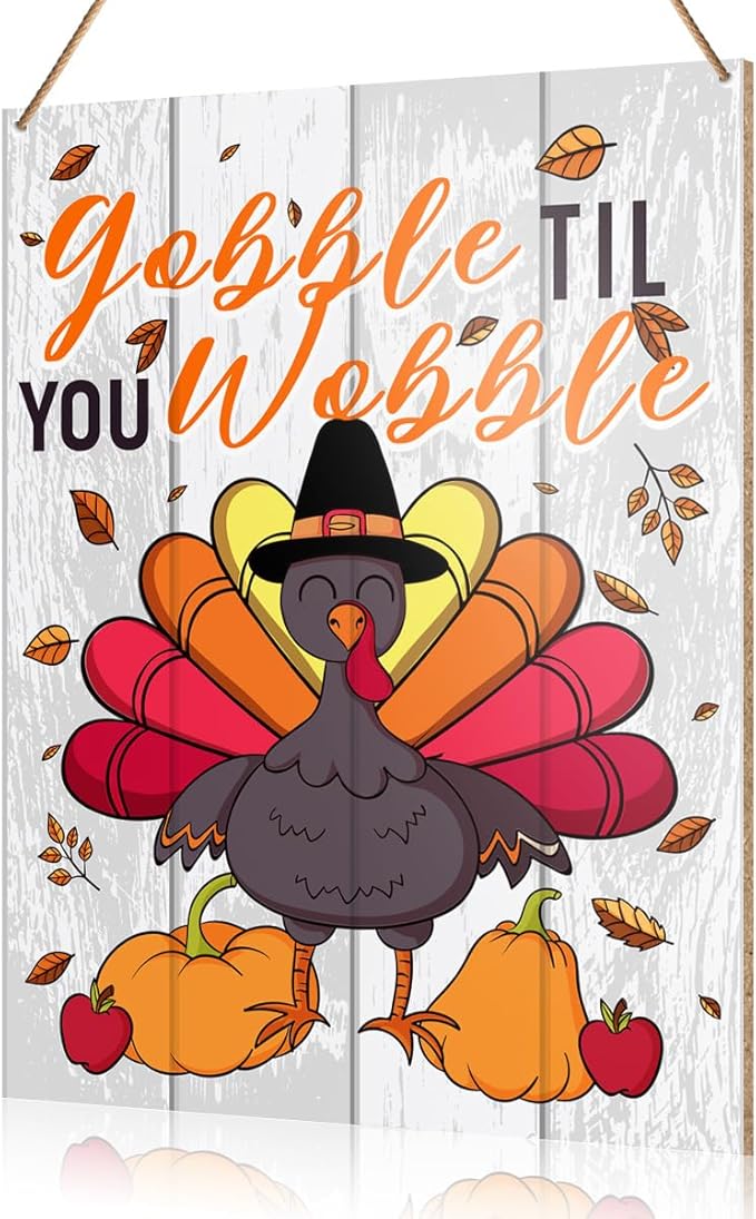 UDNADKEX Thanksgiving Decorations Hanging Sign, Autumn Fall Decor Farmhouse Turkey Pumpkin Wooden Wall Sign Thanksgiving Decorations, Gobble Til You Wobble