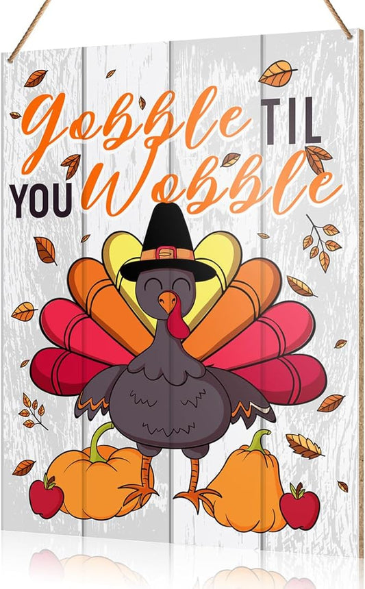 UDNADKEX Thanksgiving Decorations Hanging Sign, Autumn Fall Decor Farmhouse Turkey Pumpkin Wooden Wall Sign Thanksgiving Decorations, Gobble Til You Wobble