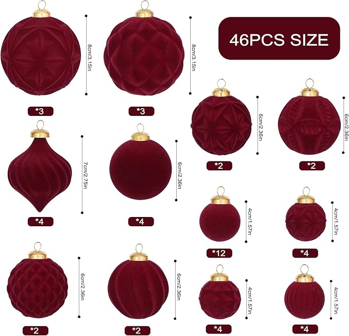 46PCS Velvet Christmas Ball Ornaments Set, Flocked Shatterproof Xmas Tree Decor, Assorted Hanging Ornaments with Loop for Holiday Home Decor, Christmas Tree, Mantel, Party Decoration (Red)
