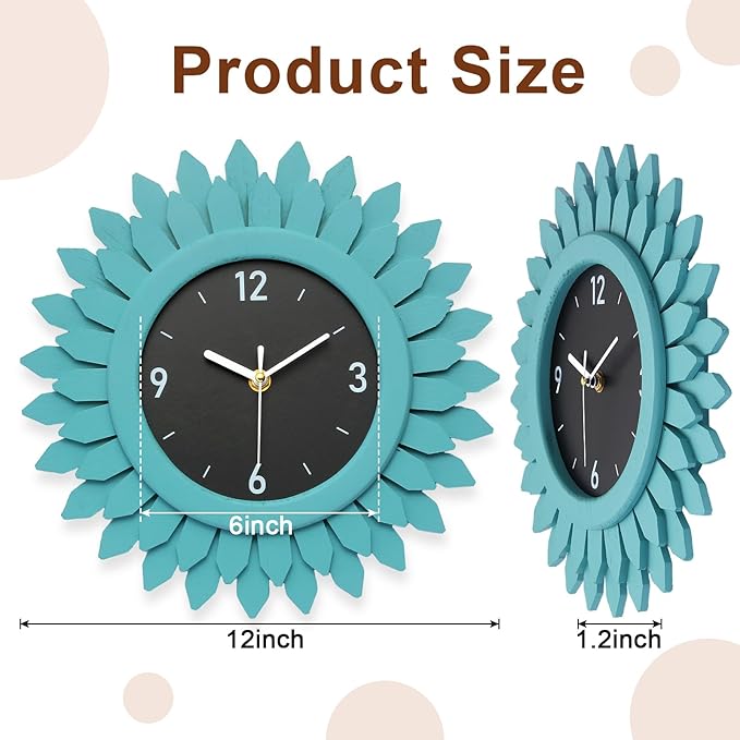 Honiway Wall Clock Battery Operated 12 Inch Rustic Wood Beach Sunburst Decorative Wall Clock Silent Non-Ticking Coastal Wall Decor Clocks for Living Room Kitchen Bathroom Bedroom (Cyan)
