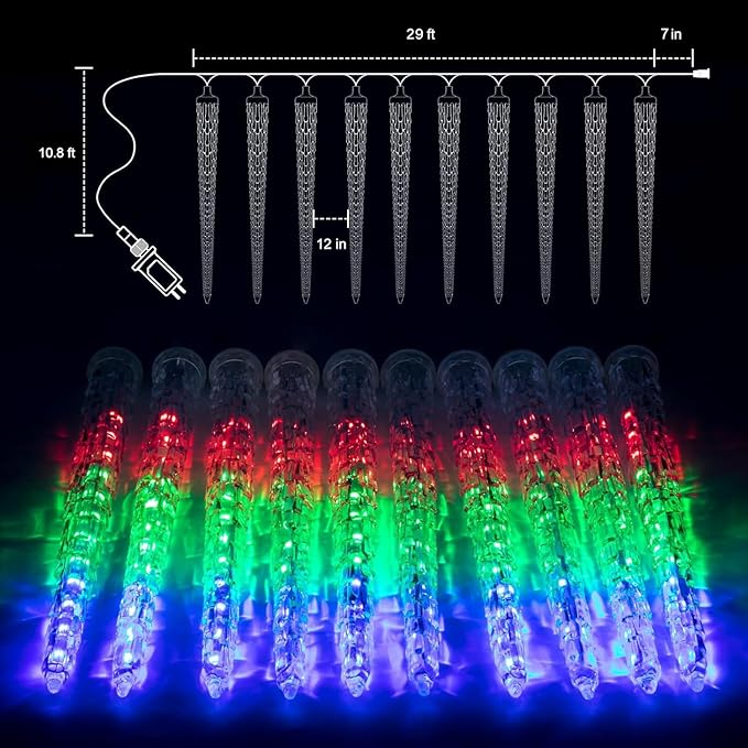 Brightown Christmas Meteor Shower Icicle Lights Outdoor, 30ft with 30 Tube 720 LED Dropping Effect, Waterproof Decorations for House Eave Roofline, Multicolor