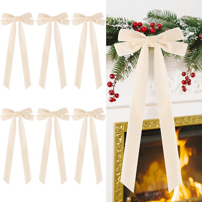 Senjie Velvet Large Christmas Bows for Staircase Garland Wreath, 20in x 8in Vintage Ribbon Bows with Twist Tie for Xmas Tree Holiday Indoor Outdoor Decorations (6Pcs, Beige)