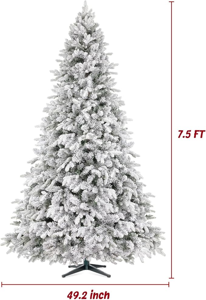 7.5ft 360° Rotating Pre-Lit Snow Flocked Christmas Tree, Built-in Music, Remote Control, 8 Light-Modes, White Christmas Tree for Home Decor