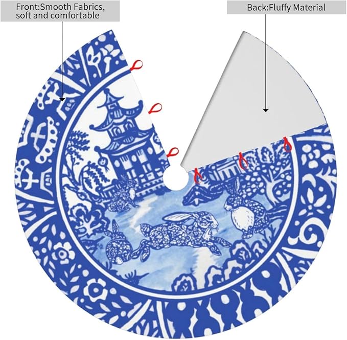 48" Large Christmas Tree Skirt Blue Oriental Rabbit Whimsical Pattern Tree Mat Base Cover for Xmas Festive Holiday Party Decoration Ornaments