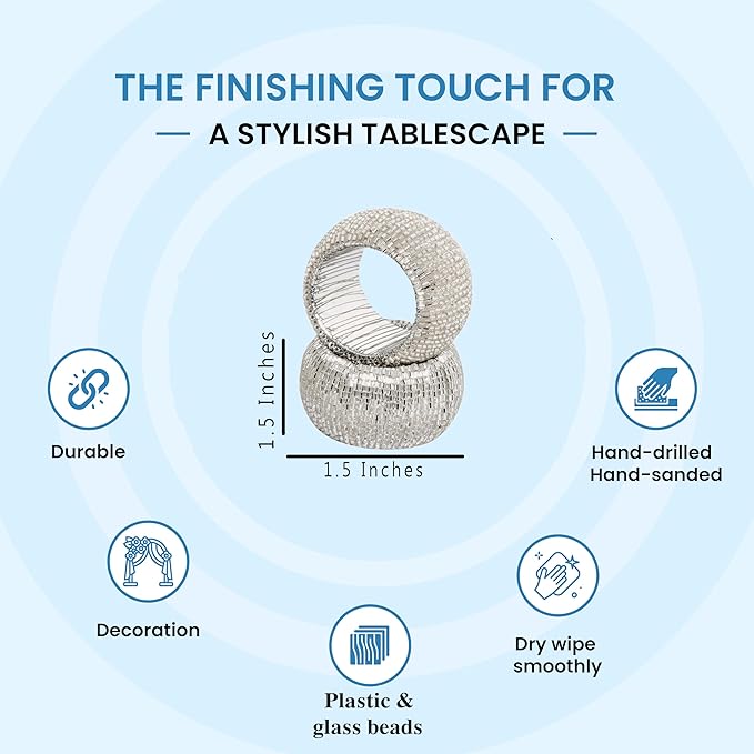 12 Pieces Plastic Bead Napkin Rings - Beaded Napkin Holders for Christmas, Thanksgiving, Holiday Party, Dinner PartyWeddings, Parties, Family Gatherings, and Table Décor(Silver)- ALPHA Living HOME