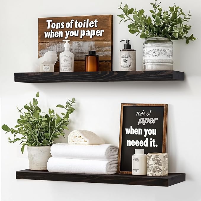 24"x6.8"x1.2" Solid Wood Floating Shelves 2-Pack - Rustic Black Finish with Hidden Brackets, Perfect for Storage and Décor in Living Room, Kitchen, Bedroom
