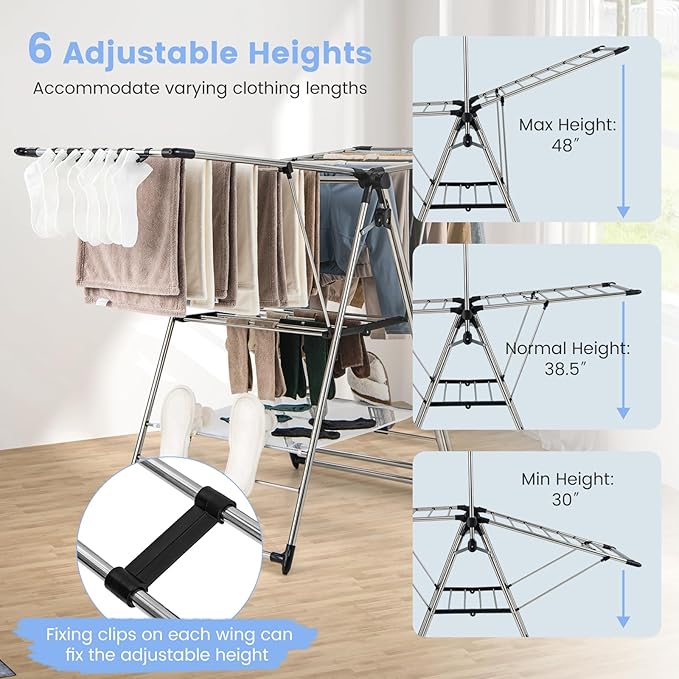 Giantex Clothes Drying Rack, Foldable Laundry Drying Rack with with 6-Level Adjustable Height, High Hanger Design, Side Clips, Space Saving Collapsible Laundry Drying Rack