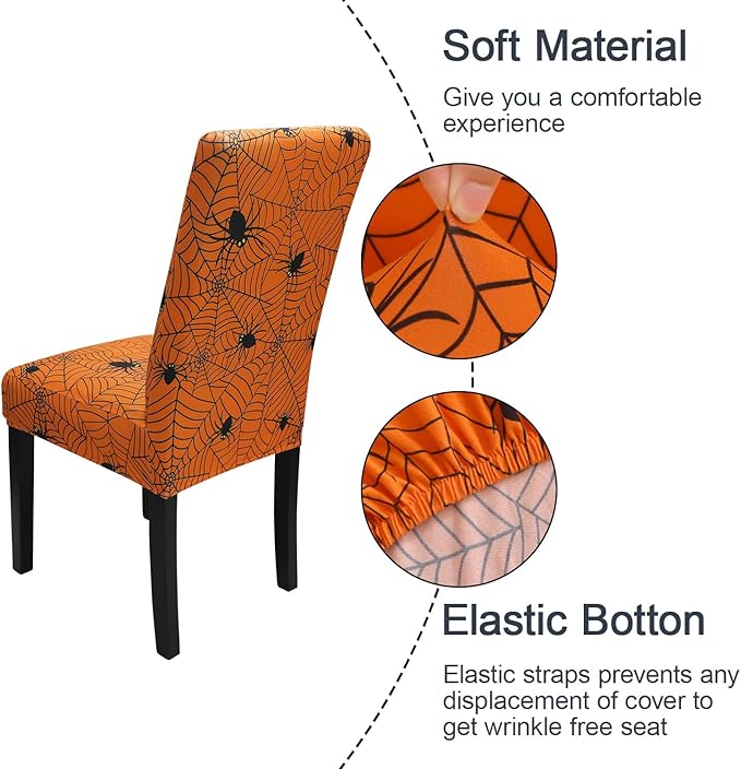 JQinHome Halloween Orange Dining Chair Slipcover, Spider Web Chair Covers Set of 6 ，High Stretch Washable Chair Protector Cover for Dining Room, Kitchen,Home Party,Wedding Ceremony(Orange, 6PC)