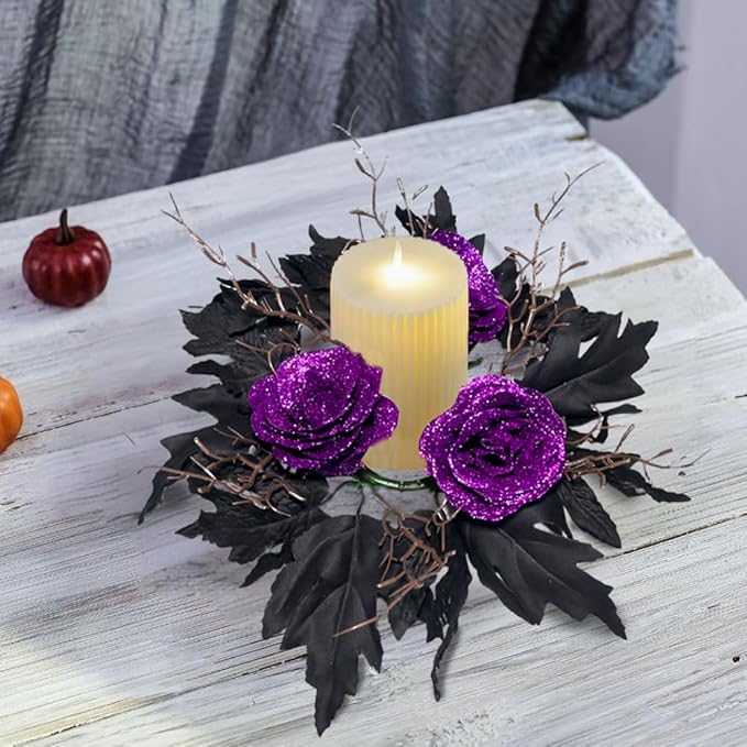 2pcs 11.8" Halloween Candle Rings Wreaths Artificial Glitter Purple Roses Dead Branches Black Leaves Candle Rings Holder Halloween Mini Wreaths for Table Centerpiece Home Dinner Table Christmas Decor