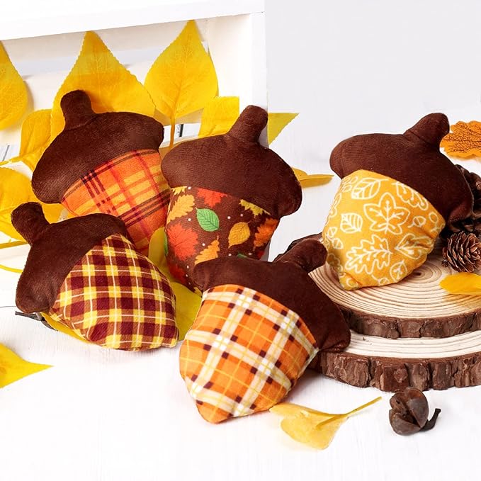 5PCS Fall Stuffed Acorns Plush Decorations 4.5'' x 3.5'' Autumn Fabric Acorn Decor, Bowl Basket Tray Fillers Dinner Table Centerpiece Harvest Thanksgiving Tree Hanging Ornament Fall Tiered Tray Decor
