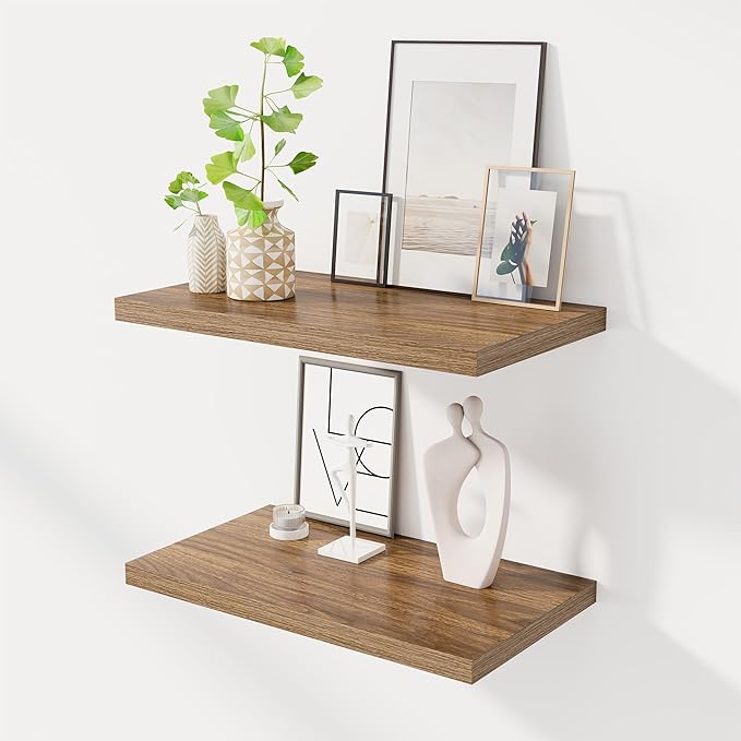 24" Floating Shelves for Wall, 12" Deep Slim Walnut Floating Shelves, Wall-Mounted Shelves for Bedroom, Living Room, Kitchen, Bathroom - Set of 2