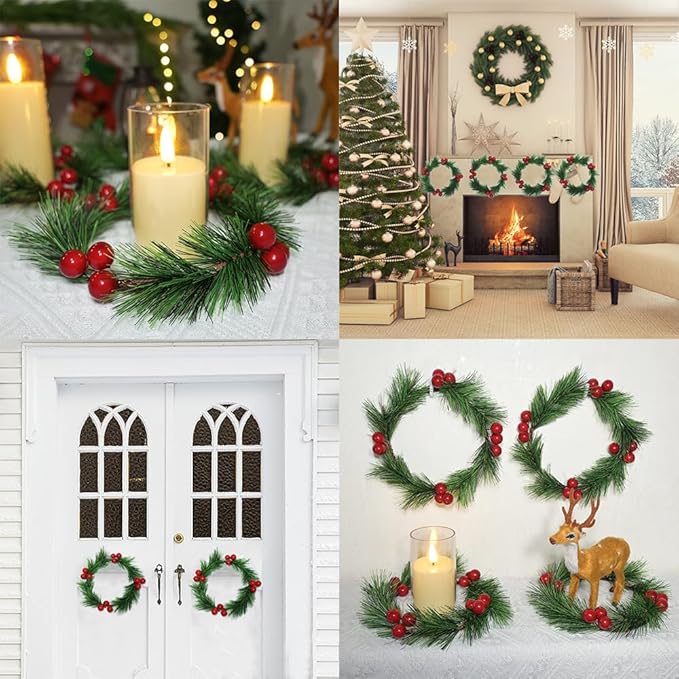 4pcs Christmas Candle Rings Wreaths Artificial Red Berries Greenery Pine Needles Garland Wreaths Candle Rings Holder for Wedding Table Centerpiece Home Dinner Table Decor