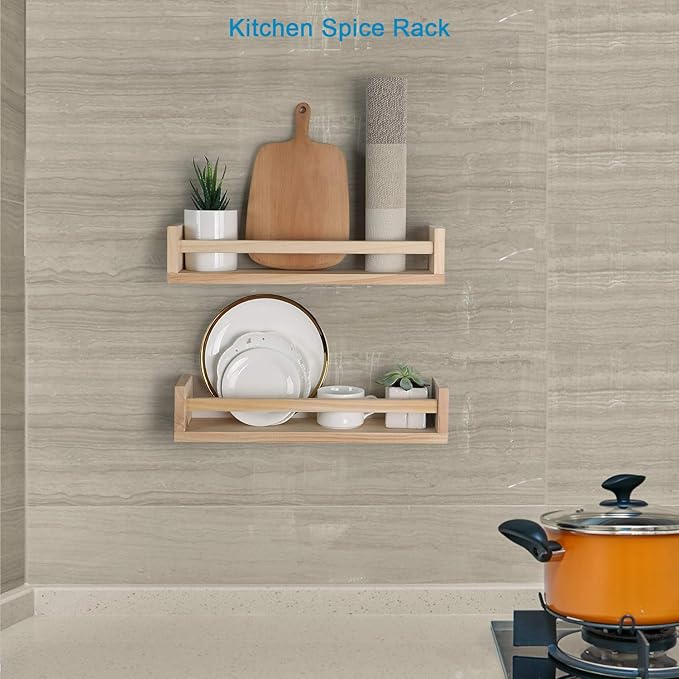 Nursery Floating Book Shelves for Kids Room, Kitchen Spice Rack, or Rustic Wall Mounted Shelves for Farmhouse Bathroom Decor (Natural Wood),Set of 2