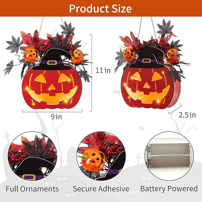 Halloween Door Decorations, Halloween Wreath Decorations Double-Sided Pumpkin with Timer Function, Light up Jack O Lantern for Front Door Window Wall Outside Decor, Battery Operated, 11 Inch