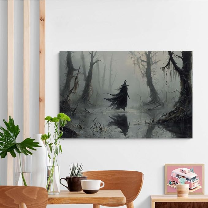 Vintage rustic swamp witch poster dark moody wall art gothic horror season halloween print for home decor retro dark moody painting12x16in Wood Framed