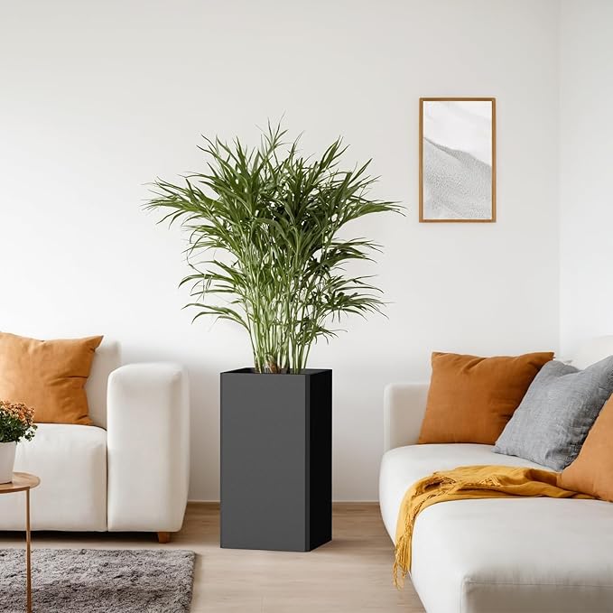 Tall Planters 26 Inch Square Metal Plant Pot with Removable Insert Shelf and Drainage-Modern Tall Black Planters for Indoor & Outdoor-Front Porch,Patio,Garden (14" L X 26" H)