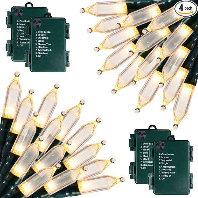 Battery Operated Christmas Lights 4 Pack 18 Feet 50 LED Clear Mini String Lights with 8 Modes Waterproof Tree Lights for Xmas Outdoor Indoor Holiday Party Garden Decor, Warm White