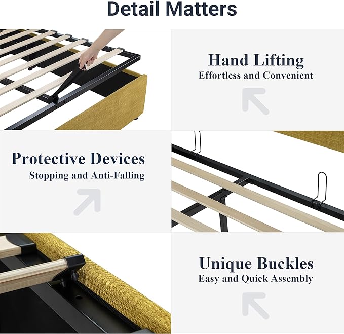 Allewie Queen Size Lift Up Storage Bed, Modern Wingback Headboard, Hydraulic Support, No Box Spring Needed, Olive Yellow