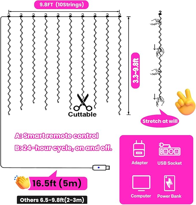 HXWEIYE 300LED Pink Fairy Curtain Hanging Lights with Remote 8 Modes Timer for Bedroom, 9.8x9.8Ft USB Plug in Christmas Fairy String Lights for Outdoor, Weddings, Party, Garden, Wall, Decorations